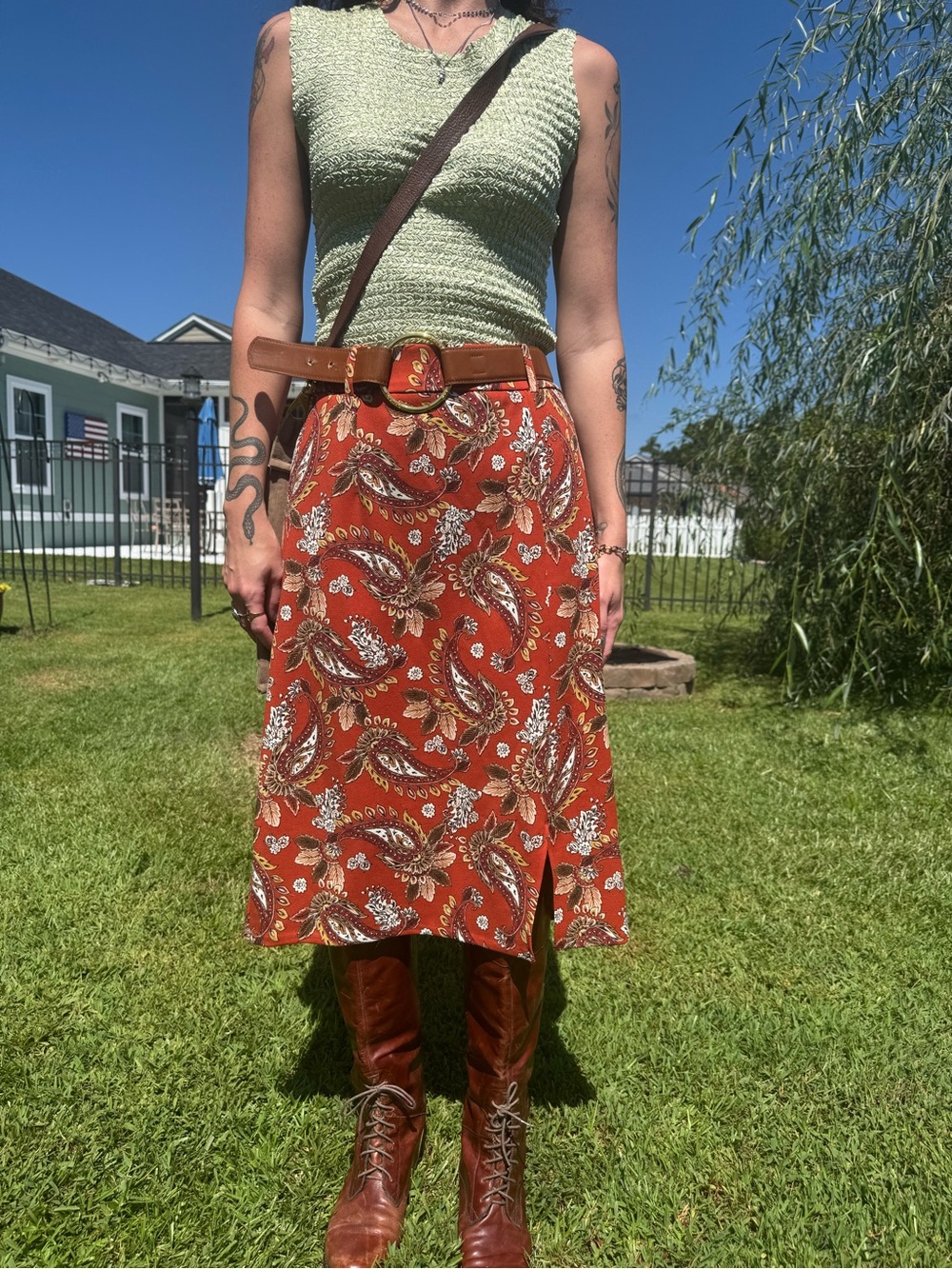 C Est. 1946 Rust Paisley MIDI Skirt Belt loood Boho Western 14/16